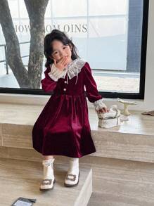 SHEIN Young Girl's Elegant Luxury Princess Retro French Style White Double-Layer Ruffle Collar And Cuff With Black Velvet Waisted A-Line Long Sleeve Dress, Suitable For Autumn, Winter, Formal Dinner, Wedding, Gala, Stage Performance