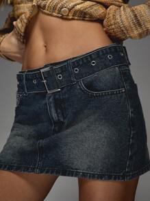 MISSGUIDED Washed Faded Back Rhinestone Detail Belted Bodycon Mini Denim Mini Skirt