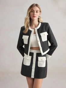 BizChic 灰色外套，带撞色口袋，女士短款西装外套，适合办公室穿着、通勤、新年、优雅，适合春夏季 - 灰色 - 查看 2