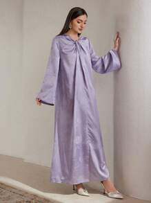Al Najma Đầm Maxi Tay Loe Jacquard Màu Trơn Thanh Lịch Phong Cách Ả Rập Cho Nữ, Mùa Thu - Màu tím - Xem 5