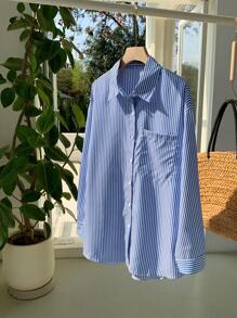 Comfortcana Long Sleeve Button-Up Striped Casual Shirt - Blue - View 5