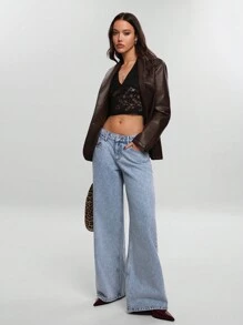 RueChic LEOPARD DETAILED LOW WAIST WIDE LEG JEAN - Light Wash - View 4