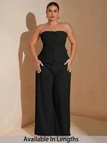 SHEIN Tall CURVE Plus Size Women's Elegant Date Night Solid Color Strapless Blazer Set, Suitable For Work Uniform, Office, Fairy, Mermaid Style,Daily Life, Commuting, School, Teachers, Meetings, Going Out, Leisure, Summer Outfits For Women, Valentine Outfits For Women , Weddings & Events,Graduation Ceremony - Black - View 1