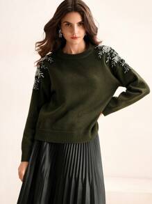 Anewsta Elegant Embellished Rhinestone Decorated Crew Neck Pullover Sweater For Women Knit Pullover Fall Winter - Green - View 6