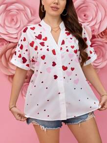 SHEIN LUNE 大码女式红心情人节春夏短袖衬衫领红心图案休闲时尚节日日常女士衬衫浪漫休闲情人节女装生日女士礼服派对衬衫优雅办公装，大码女士优雅通勤简约时尚百搭畅销衬衫，春夏百搭流行设计时尚日常穿着优雅衬衫女式衬衫
