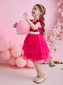 Glamorique Kids Robe de princesse pour banquet et fête de jeune fille, 4 saisons. Robe en tulle et maille sequinée fuchsia, costume de performance adorable - Rose vif - Voir 3