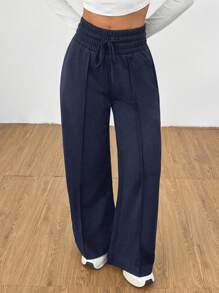 SHEIN PETITE Solid Drawstring Waist Wide Leg Sweatpants - Navy Blue - View 6
