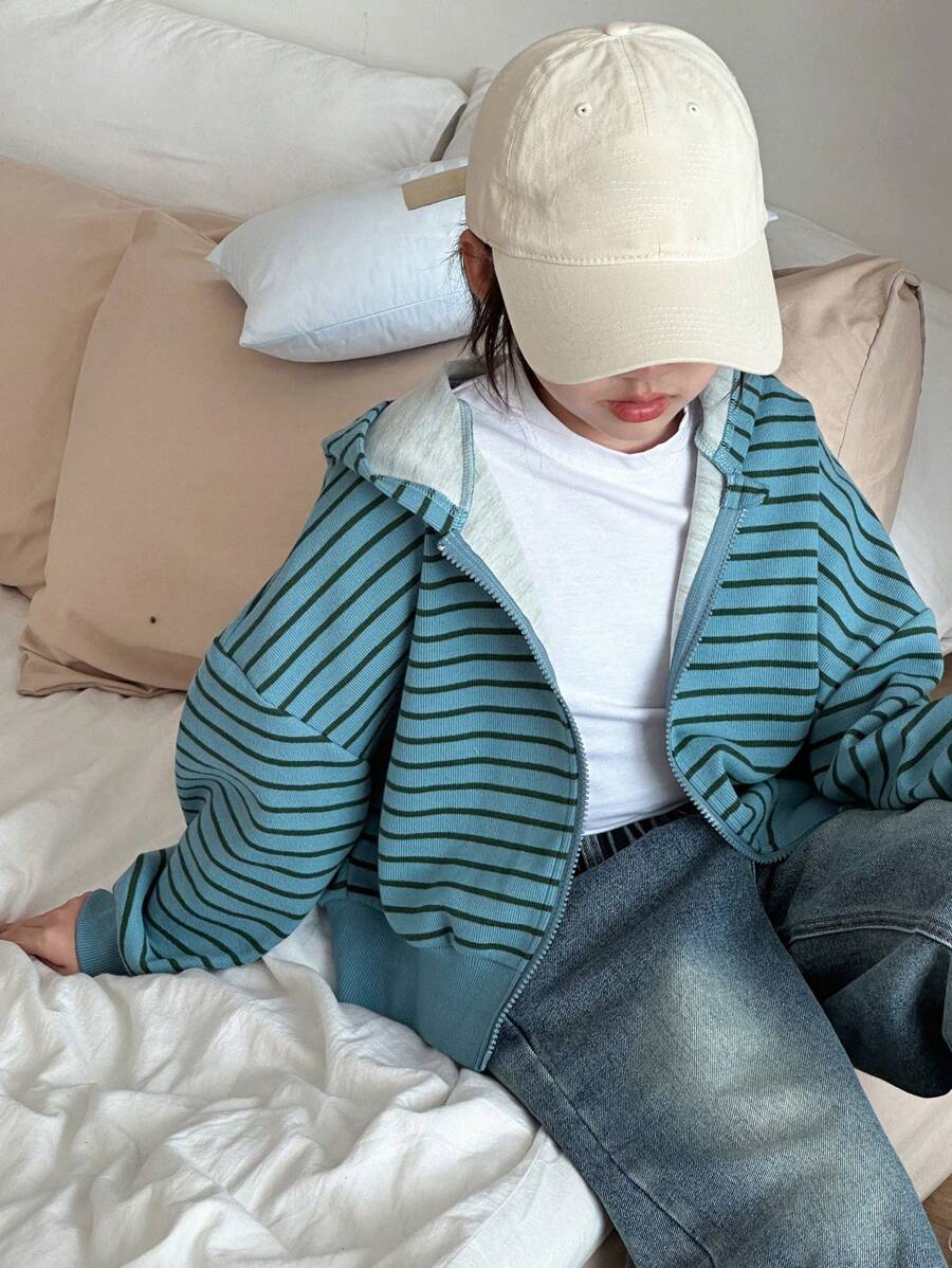 DAZY 女童休闲条纹连帽运动衫，秋季 - 藍色 - 查看 1