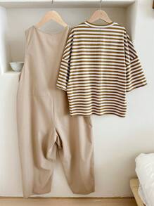 SHEIN LUNE Plus Size 2pcs Casual Striped Dropped Shoulder Top And Wide Leg Jumpsuit Set, Fabric For Summer