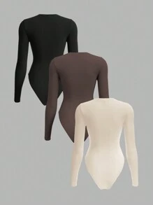 SHEIN BASICS Bộ đồ liền thân dệt kim trơn 3 món, ôm sát cơ thể, cổ áo trái tim dài tay cho nữ, phong cách thường ngày - Màu be - Xem 2