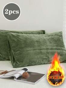 2件装橄榄绿秋冬保暖加厚水晶绒法兰绒枕套，纯色日式简约风格，超级柔软透气，适合日常生活、宿舍、床上用品、酒店、家居装饰（不含枕芯），适用于双人床、大床、特大床 - 橄欖綠 - 查看 1