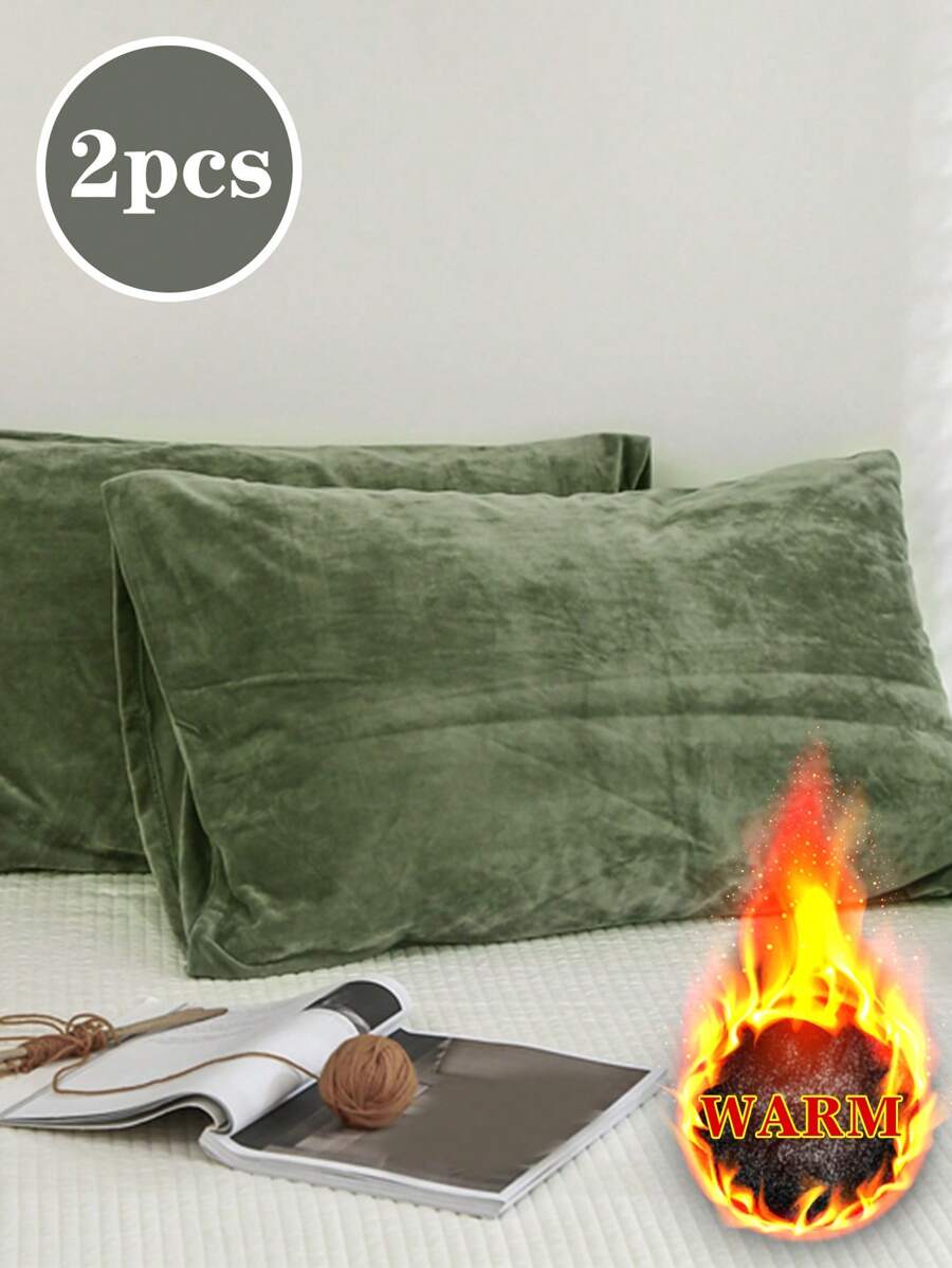2件装橄榄绿秋冬保暖加厚水晶绒法兰绒枕套，纯色日式简约风格，超级柔软透气，适合日常生活、宿舍、床上用品、酒店、家居装饰（不含枕芯），适用于双人床、大床、特大床 - 橄欖綠 - 查看 1