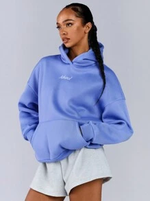 Athîral Áo nỉ trùm đầu đơn giản, thêu chữ, dài tay có túi dành cho nữ - Màu xanh lam - Xem 4