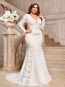 SHEIN Belle فستان زفاف للعروس ذو تصميم أنيق فاخر مقاس كبير، من الدانتيل الأبيض والشيفون الشفاف الأكمام الطويلة مع إضافات خصر مطابقة ، وتفاصيل مذنب مستقيم في الجزء السفلي - أبيض - مشاهدة 7