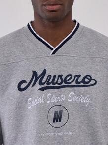 Musero V Neck Contrast Hem Retro Sweatshirt - Light Grey - View 4