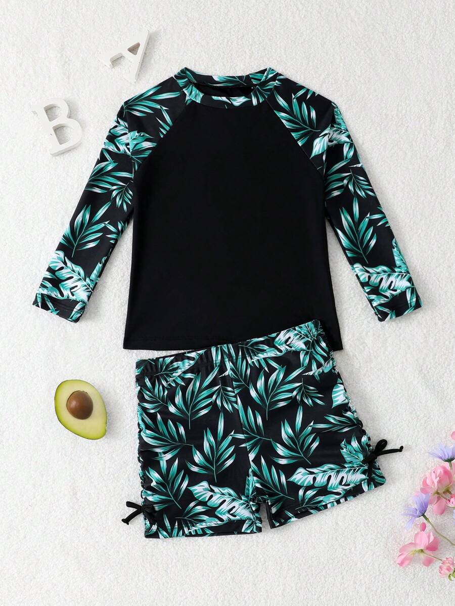 Young Girl Random Print Sporty Two-Piece Tankini Swimwear Set - Multicolor - View 1