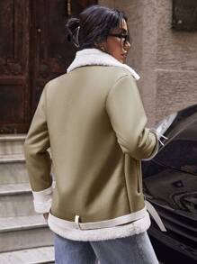 SHEIN PETITE Casual Contrast Color Lapel Thermal Lined Jacket, Autumn/Winter