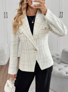 SHEIN Clasi 女士修身优雅西装外套，带口袋设计，秋冬 - 白色 - 查看 4