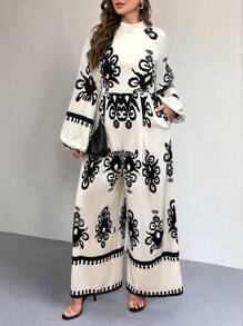 SHEIN Privé 大码女式春秋假期优雅花卉印花阔腿连体裤，带口袋，拼色无袖连体裤 - 彩色 - 查看 3