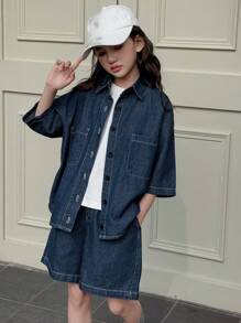 Dazy Kids 2pcs Tween Girl Tween Girl Denim Collared Shirt And Shorts Set, Autumn - Dark Wash - View 3