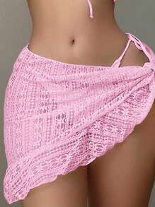 SHEIN Swim Mod 3pcs Women Beach Vacation Solid Color Ruffle Edge Halter Tie Bikini Set With Coverup And Mini Skirt Summer - Pink - View 5