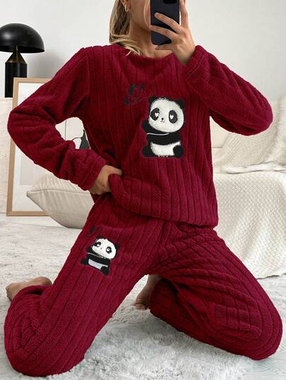 SHEIN Cottnline 1 conjunto de pijamas femininos de manga comprida com bordado de panda e flanela