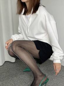 DAZY 女式宽松落肩纯色长袖休闲运动衫，秋季 - 白色 - 查看 4