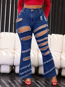 Slaydiva Plus Size Front Button Pocket Ripped Simple Denim Jeans, Casual Daily Wear - Blue - View 2