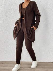 2 件套女士冬季毛绒套装，长袖夹克 + 短款背心 + 裤子，合身，优雅毛绒套装，舒适，简约，时尚，棕色毛绒套装，家庭搭配母女 - 棕色 - 查看 5