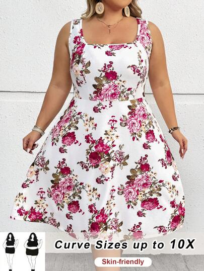 SHEIN CURVE+ Plus Size Women Floral Print Sleeveless Elegant Dating Mini Dress, For Summer,Beach Dress Sundress,Holiday Outfits Boho