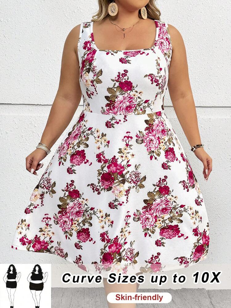 SHEIN CURVE+ 大码女式花卉印花无袖优雅约会迷你连衣裙，适合夏季 - 彩色 - 查看 1