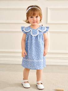 SHEIN 女婴夏季新款蓝色碎花公主裙，荷叶边袖，宽松荷叶边下摆和蕾丝边，甜美时尚 - 藍色 - 查看 7