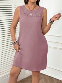 SHEIN LUNE Đầm ngắn đơn giản không tay cổ tròn màu trơn cỡ lớn cho nữ - Bụi hồng - Xem 3