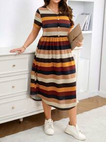 SHEIN LUNE SHEINLUNE Plus Size Women Striped Short Sleeve Knit Casual Dress, Vacation Outfits Woman,Modest Dresses For Women,Airport Outfit For Women,Boho Dress Women,Spring Dress,Resort Wear Women,Club Dress,Tropical Dress,Spring Spring Clothes Summer Clothes Spring Outfits For Women Vacation Outfits Woman