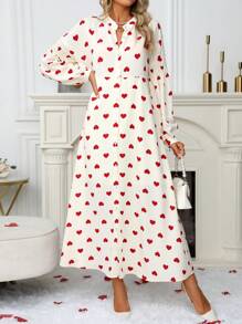 SHEIN Clasi Vestido camisero largo con botones y estampado de corazones en toda la prenda, un diseño casual y dulce para mujer - Multicolor - Ver 4