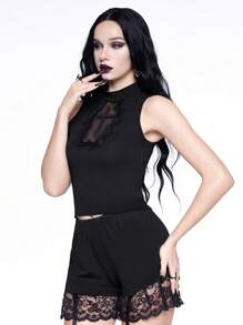 ROMWE Dark Gothic Crew Neck Semi-Sheer Cross Applique & Lace Trim Bodycon Tank Top - Black - View 5