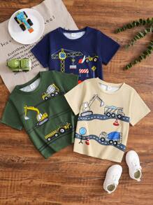 paquete de 3 camisetas de manga corta con cuello redondo para niños pequeños con estampado de coches y camiones de dibujos animados, de uso diario y para la escuela, para el verano