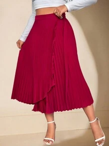 SHEIN Unity Falda larga plisada de talle alto de línea A de unicolor elegante para mujer de talla grande, de moda y versátil, para otoño/invierno - Verde - Ver 3