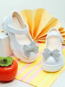 Girls Glamorous Grid Pattern Sparkling Stilettos With Bow And Rhinestone Accents, Elegant And Versatile For Wedding, Party, School Wear, Fashion - Silver - View 4