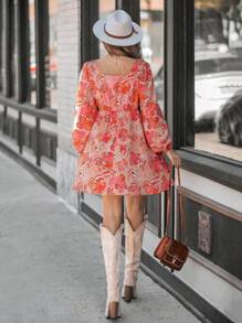 SHEIN LUNE Women Floral Print Square Neck Casual Short Dress,Vacation Dresses - Multicolor - View 6