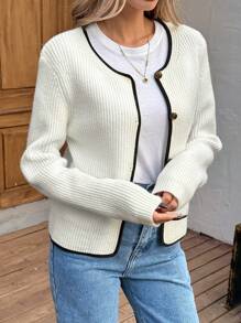 SHEIN LUNE Autumn And Winter New Ivory Contrast Airport Office Ladies Basic Lightweight Cardigan Winter - Beige - View 5