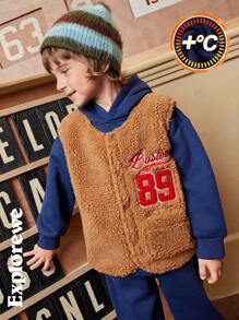 SHEIN 3pcs/Set Young Boys Outfit With Hooded Sweatshirt,Sweatpants & Fleece Vest,Embroidered Letter,Comfortable Autumn Back-To-School Winter Clothes,School - Multicolor - View 1