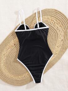 Swim Vcay 1pc Women's Solid Color Swimsuit With Soft Cup Underwire And Contrast Color Blocking Design, One-Piece Summer