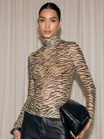 AiiRZ Tiger gedrucktes Mesh-Langarm-Oberteil