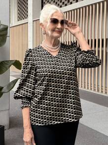Miaspire Women's V-Neck Long Sleeve Light Geometric Print Blouse, For Party Occasion