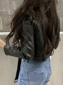 DAZY Chaqueta de mujer de estilo corto, casual y de moda, con cuello de solapa de piel sintética (PU)