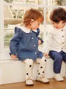 SHEIN 2pcs Baby Girls' Sweet Colorblock Top And Knit Heart Print Leggings Set - Multicolor - View 4