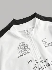 SHEIN 2pcs/Set Teen Girl Polo Collar Half-Placket Floral Angel Pattern Knitted Elastic Round Neck Long Sleeve Tight Printed 2 Pieces Outfit Set