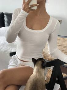 DAZY 宽松 V 领基本款女式 T 恤，简约时尚休闲日常穿着，春夏长袖女式上衣 - 白色 - 查看 1