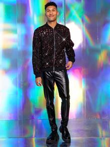 Manfinity VCAY Men Fashion Zip Up Sequin Bomber Jacket - Red - View 6